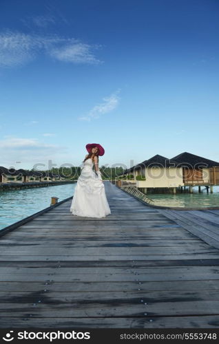 asian bride with a veil on the beach in the sky and blue sea. honeymoon on the fantastic island at summer