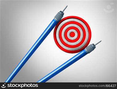 Asian business and strategy as an asia pacific trade concept and economic goal idea as darts shaped as chopsticks holding a target as a China Japan and Korea financial cooperation success as a 3D illustration.