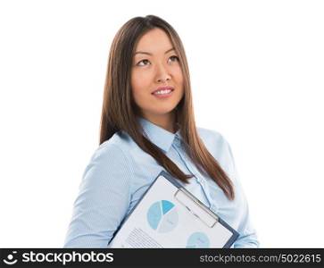 Asian business woman holding reports and smiling. Copy space