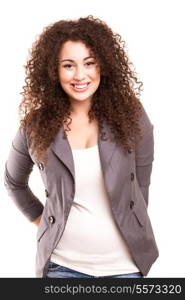 Asian business woman posing isolated over a white background