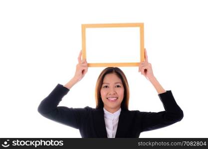 Asian business woman smiling and holding banner on white background.