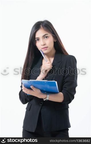 Asian business women are smiling and holding with clipboard for working happy on white background