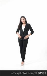 Asian business women are smiling and Thump up hand sign for working happy and Success and winning concep on white background