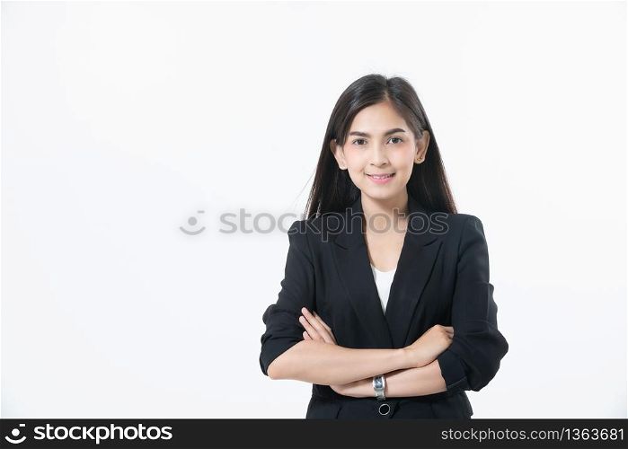 Asian business women are smiling and working happy on white background