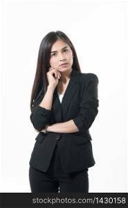 Asian business women are thinking to create new jobs and are smiling and working happy on white background