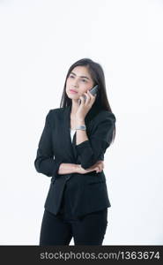 Asian Business women are using mobile and touch smart phone for Communication on white blackground