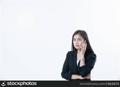 Asian Business women are using mobile and touch smart phone for Communication on white blackground