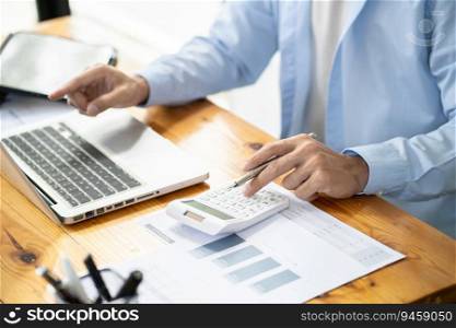 Asian businessman  In the Data Mining Center Statistician with Monitors Displaying business finance technology and investment. 