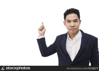 Asian businessman pointing away on white background,copy space