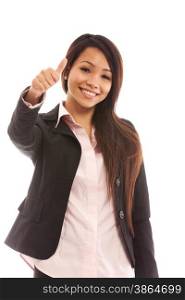 Asian businesswoman doing a positive thumb gesture over white isolated background