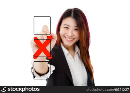 Asian businesswoman filling X in checkbox on virtual screen