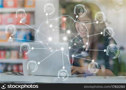 Asian businesswoman in casual suit using mobile phone for Polygonal brain shape of an artificial intelligence with various icon of smart city Internet of Things Technology, AI and business IOT concept