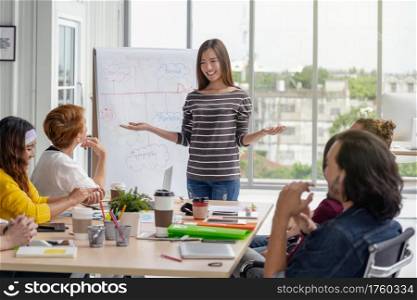 Asian Businesswoman presenting the project with project chart in front of Group Of Asian and Multiethnic Business people with casual suit brainstorming and working together in happy action in the modern workplace, people business group concept