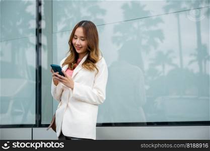 Asian businesswoman typing text on mobile phone standing outdoors street front building near office, Portrait successful business woman smiling holding smartphone using app chat online in morning