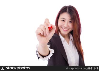 Asian businesswoman writing on virtual screen