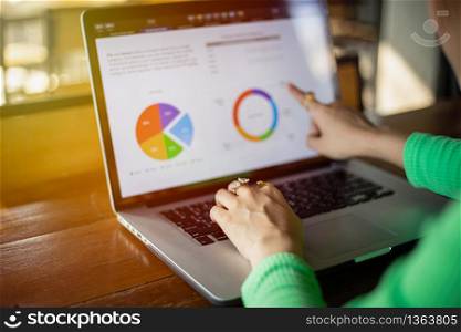 Asian businesswomen using notebook for analysis documents and graph financial diagram working
