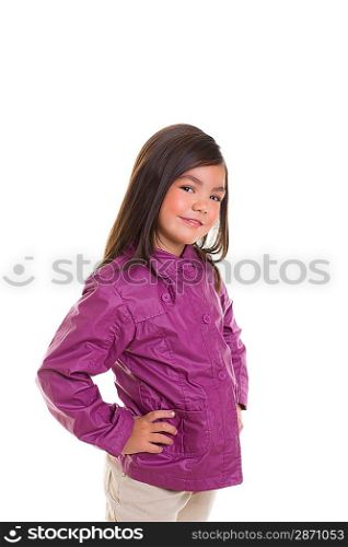 Asian child girl smiling with winter purple coat on white background