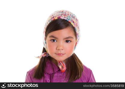Asian child kid girl winter portrait purple coat and wool cap on white background