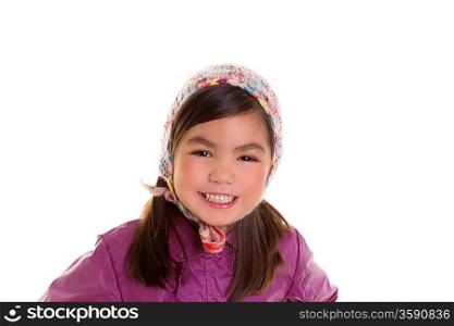 Asian child kid girl winter portrait purple coat and wool cap on white background