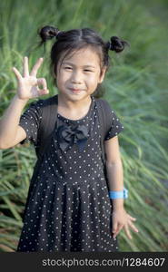 asian children with smiling face and hand sign for okay