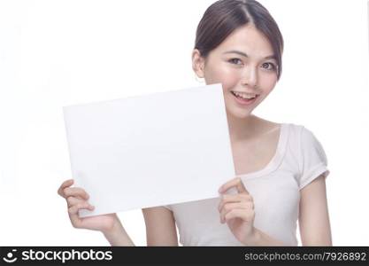 Asian chinese woman showing holding sign with hands with white background.
