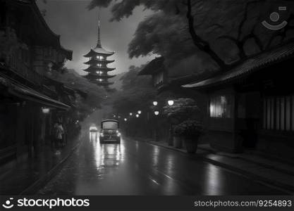 Asian city landscape black and white. Neural network AI generated art. Asian city landscape black and white. Neural network AI generated