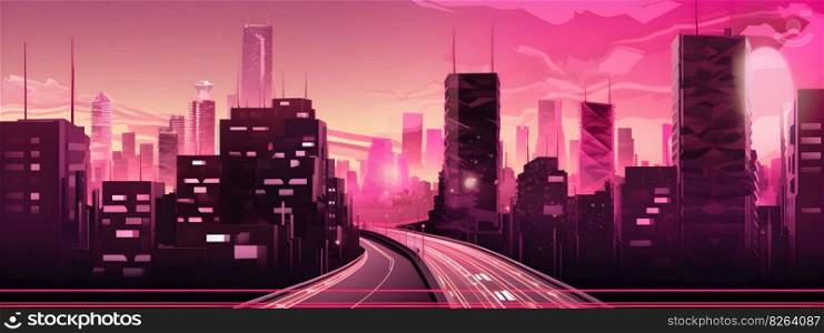 Asian city skyscrapers cityscape with neon lights in purple and pink neon colors cyberpunk anime style illustration wide long banner panorama format. AI Generative content