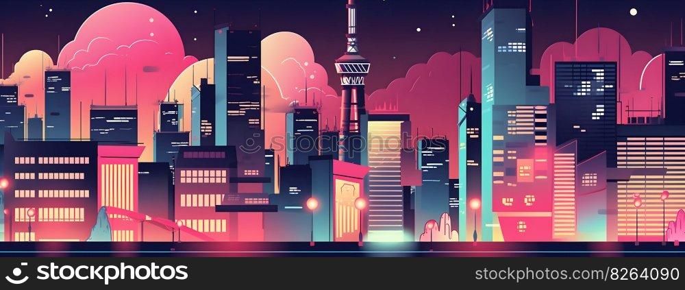 Asian city skyscrapers cityscape with neon lights in purple and pink neon colors cyberpunk anime style illustration wide long banner panorama format. AI Generative content