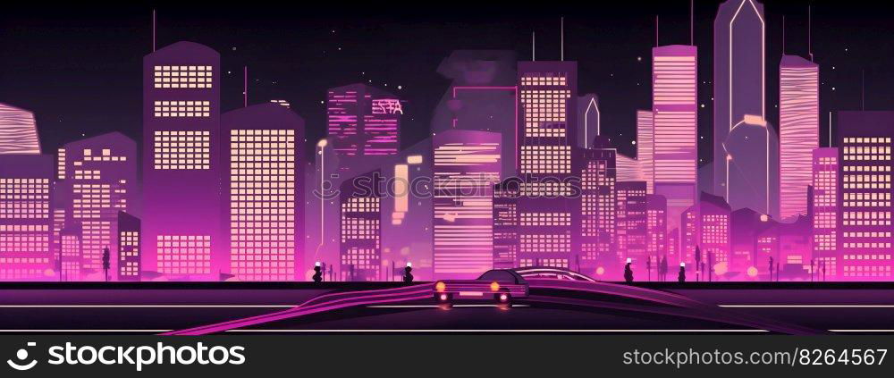 Asian city skyscrapers cityscape with neon lights in purple and pink neon colors cyberpunk anime style illustration wide long banner panorama format. AI Generative content