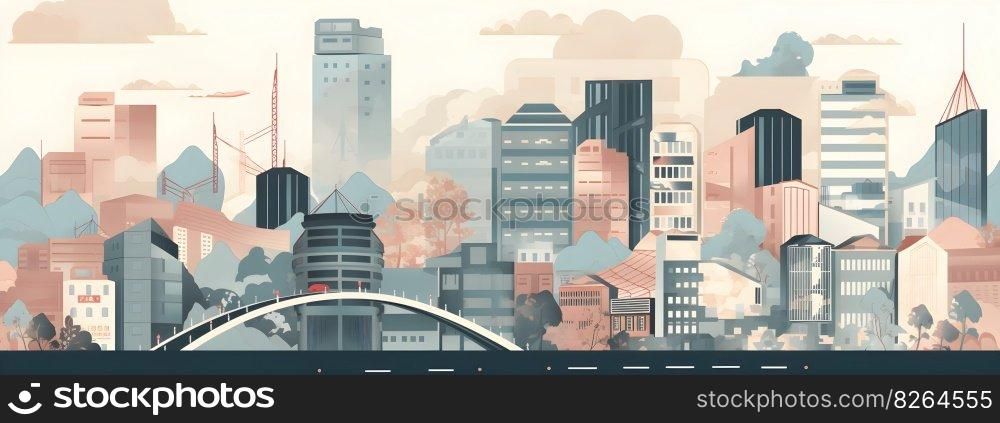 Asian city skyscrapers cityscape with office buildings anime style illustration wide long banner panorama format. AI Generative content