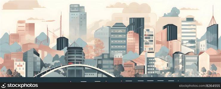 Asian city skyscrapers cityscape with office buildings anime style illustration wide long banner panorama format. AI Generative content