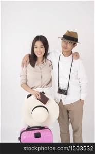 Asian couple tourists are enjoying on white background