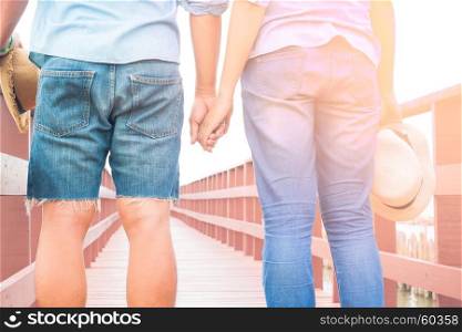 Asian couple traveling tropical nature, Summer vacation, Selective focus with sunlight