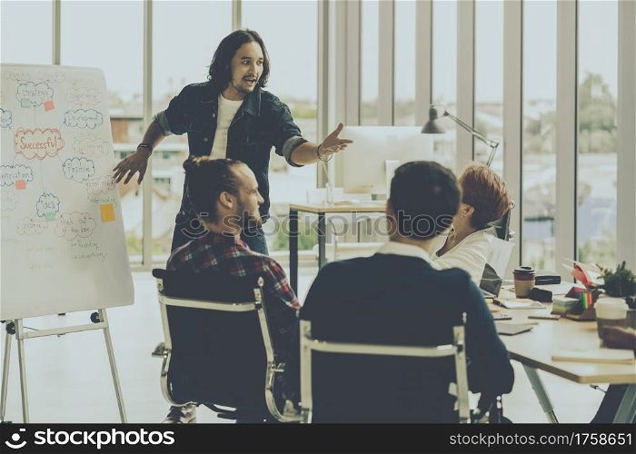 Asian Creative manager man presenting the successful ideas in front of Group Of Asian Business people with casual suit in serious action in the modern workplace, Group people business concept