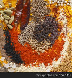 Asian curry spices, in the centre black pepper, coriander seeds, black mustard, cumin seeds, around that dried chillies, chilli powder, caraway seeds, saffron strands, white pepper. Round the outside are turmeric powder, fenugreek powder,fenungreek seeds, black onion seed,allspice, Himalayan rock salt, ground pepper and green cardamom pods.