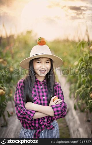 Asian cute girl with red tomato on hat , harvesting fresh vegetables in garden. asian woman harvesting tomatoes