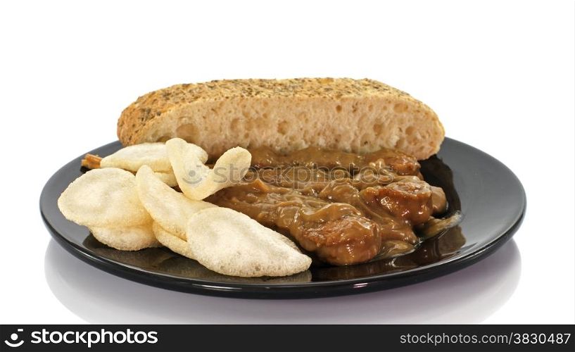 asian dish with bread and sate on white background