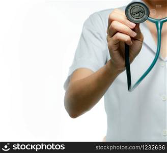 Asian doctor or nurse wear white gown uniform with stethoscope. Healthcare professional hand holding stethoscope for health checkup concept. Health insurance and medical healthcare. Expertise doctor.