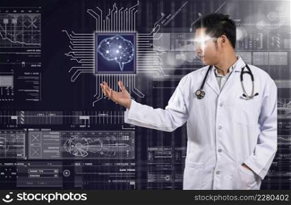 Asian Doctor with the stethoscope equipment hand holding the Artificial intelligence of brain technology over Innovation digital screen background, AI and technology physician concept
