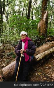 Asian elderly man relaxing during a trek with his family. An elderly hiker sits on a log and rests after a walk in nature.