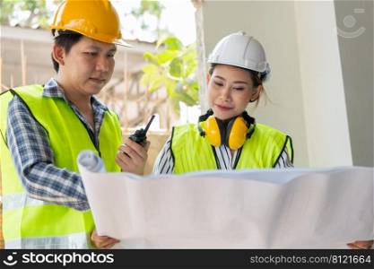 Asian engineer or Young Female Architect put on a helmet for safety and talk with a contractor on a construction building factory project, Concept of Teamwork, Leadership concept.