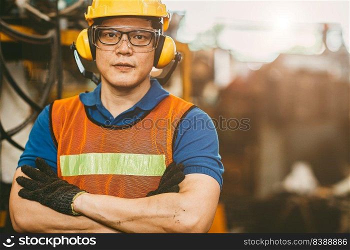 Asian engineer worker wearing earmuffs ears protection anti noise and safety suit working in factory portrait.