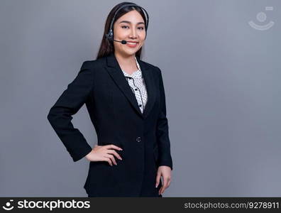 Asian female call center operator with happy smile face advertises job opportunity on empty space, wearing formal suit and headset on customizable isolated background for job recruitment. Jubilant. Attractive Asian operator with formal suit and headset. Jubilant