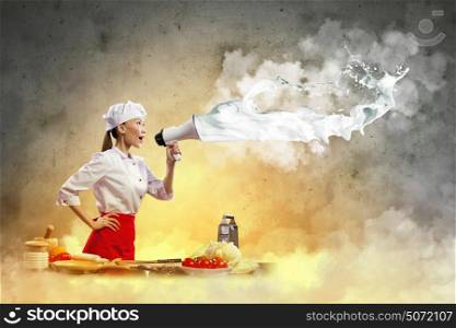 Asian female cook holding megaphone. Asian female cook screaming loud in megaphone