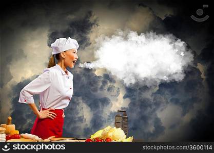 Asian female cook in anger against color background with shine effects