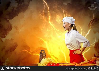 Asian female cook in anger against color background with shine effects