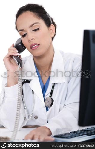 Asian female doctor talking over phone in isolated white background