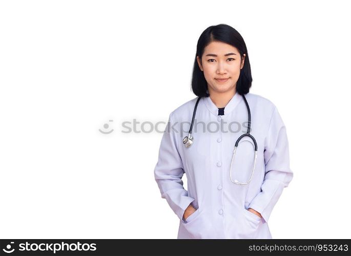 Asian female good professional doctor smile and confident with stethoscope isolated on white background