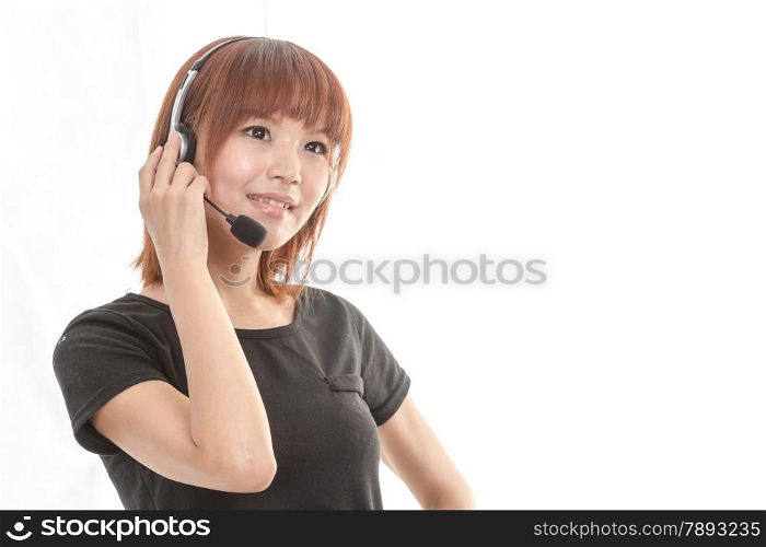 Asian female wearing a headset microphone