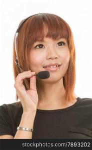 Asian female wearing a headset with microphone